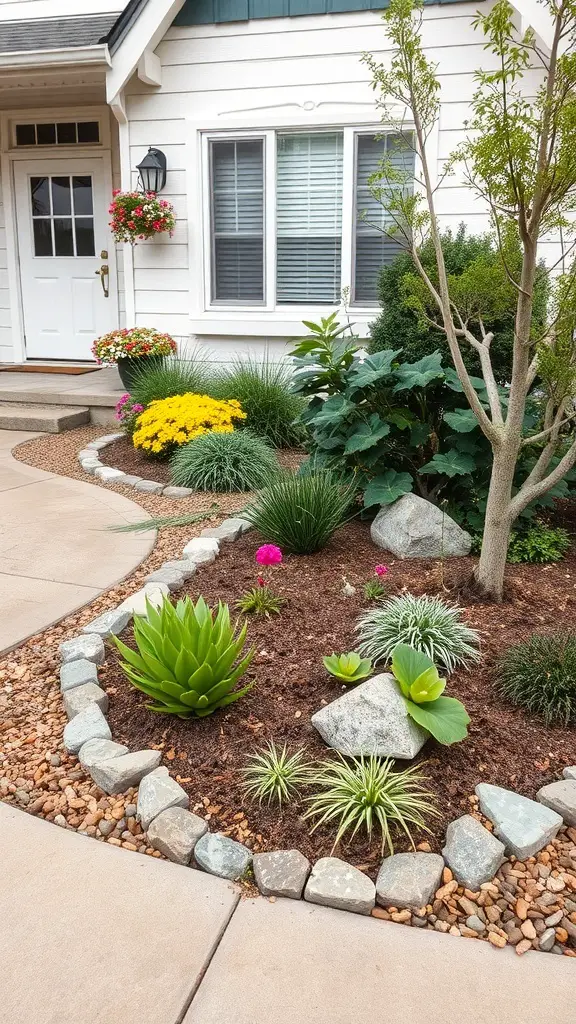 A front garden with stone edging, colorful flowers, and decorative rocks.