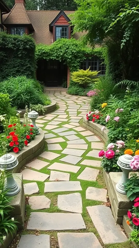 A winding stone pathway surrounded by colorful flowers in a front garden.