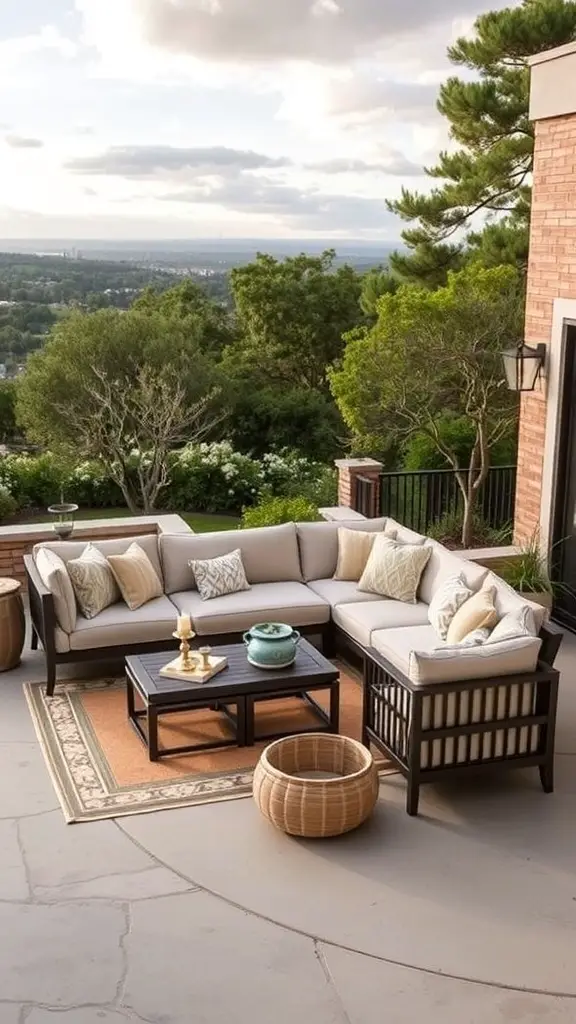 A modern outdoor sectional sofa with soft cushions, a coffee table, and a scenic view.