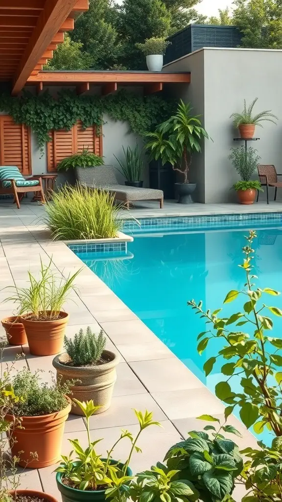 A beautiful herb garden with potted plants by a poolside.