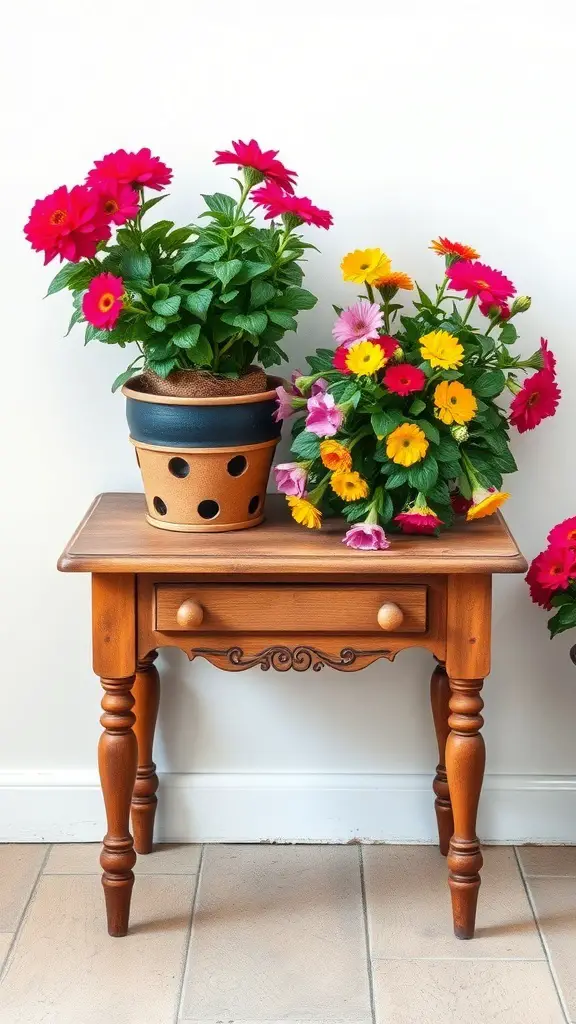 A vintage wooden plant stand with colorful flowers in pots on top.
