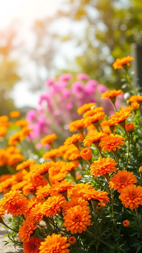 A vibrant display of marigolds in orange and yellow, with pink flowers in the background.