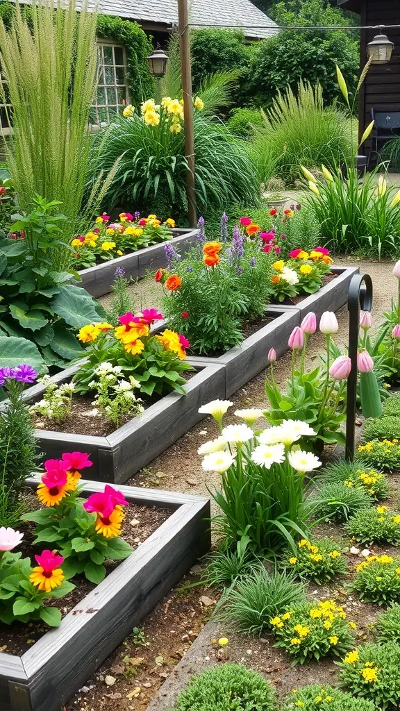A garden with vibrant flowers bordered by wooden edging.