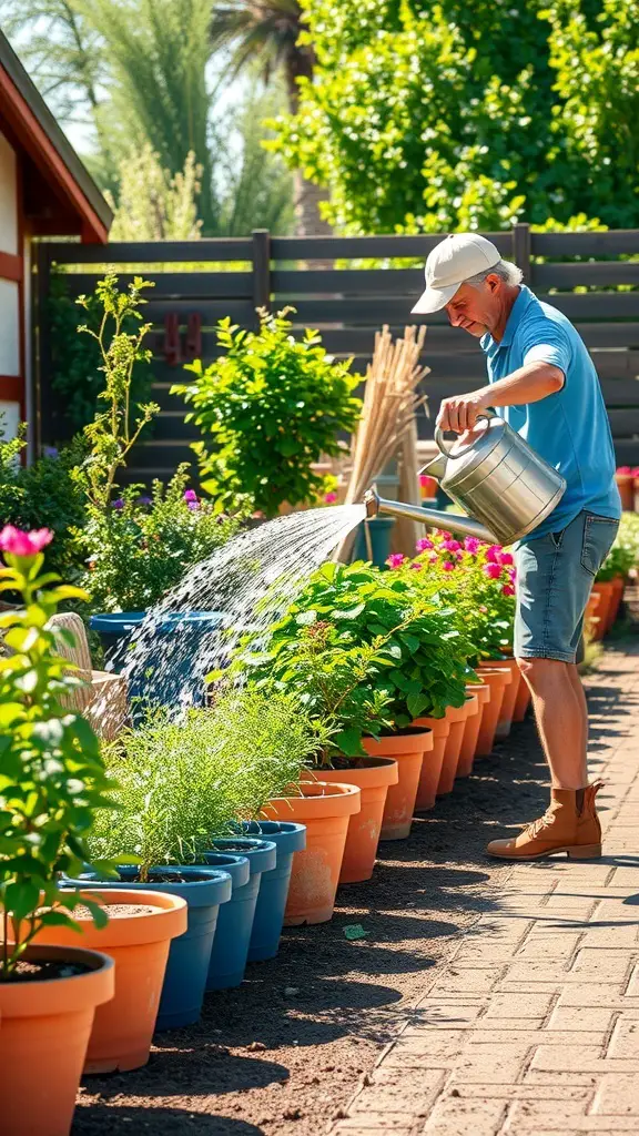 A gardener watering container plants with a watering can in a sunny garden