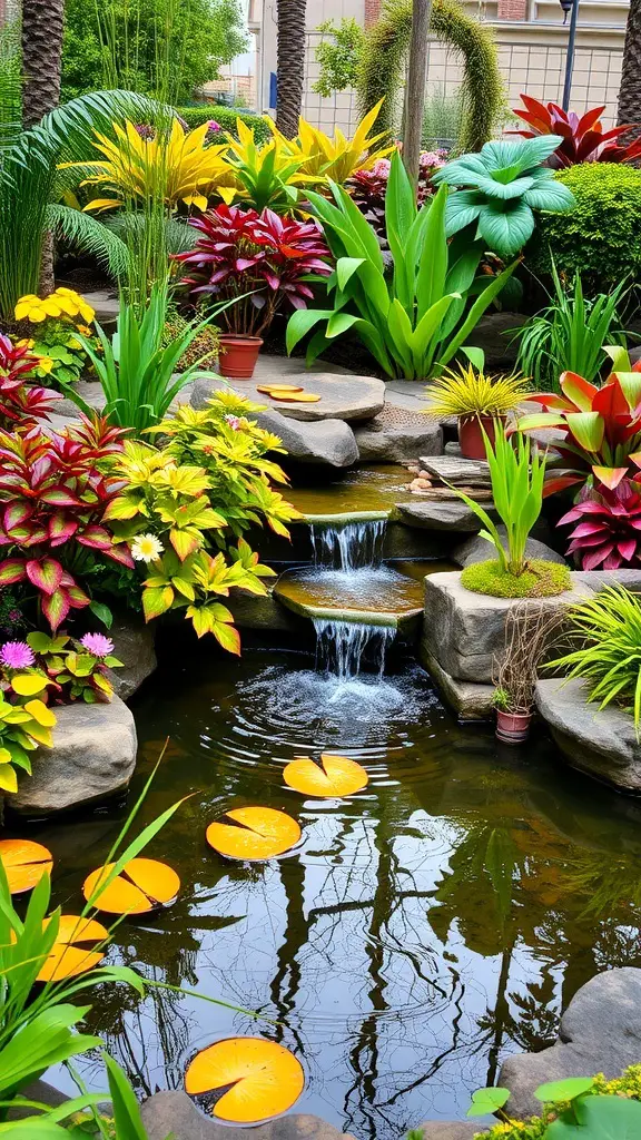 A vibrant garden with a pond featuring lily pads and a small waterfall, surrounded by colorful plants.