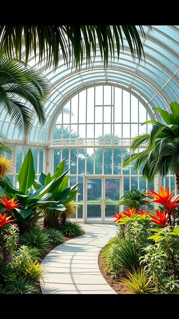 Interior of a curved glass greenhouse filled with tropical plants and a winding path.