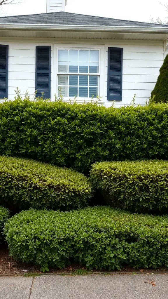 Layered green bushes in front of a house with a white exterior and blue shutters.