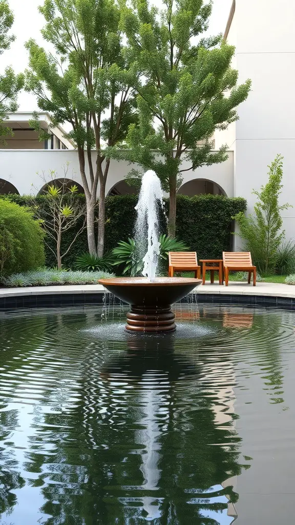 A modern backyard with a fountain in the center, surrounded by trees and seating.