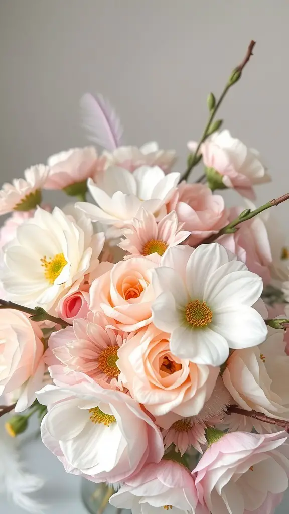 A beautiful bouquet of soft pink and white flowers, including roses and daisies, arranged elegantly.