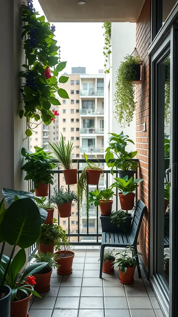 A balcony featuring a vertical garden with various plants in pots, showcasing a cozy seating area.