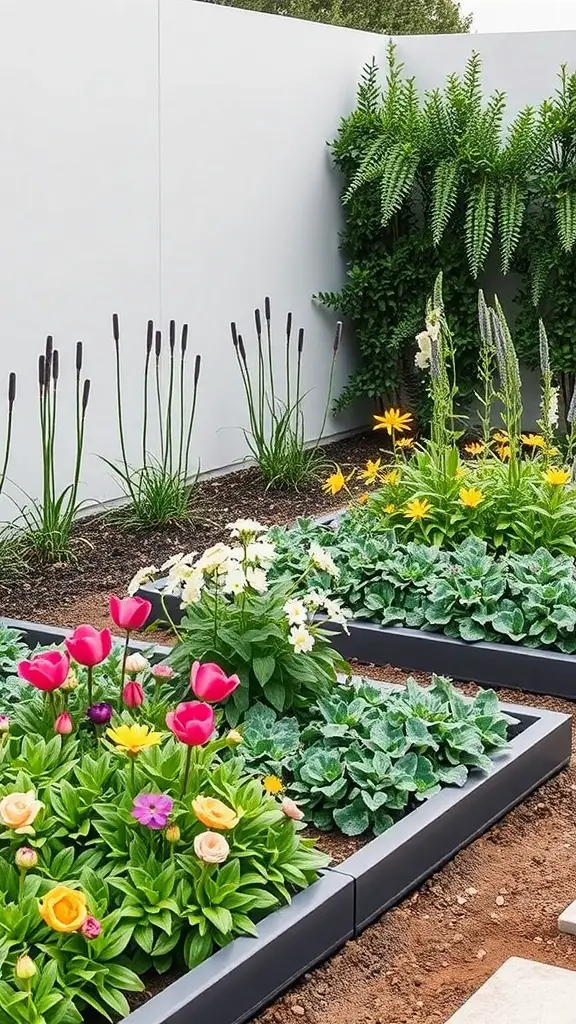 A modern garden with metal borders, colorful flowers, and a clean design.