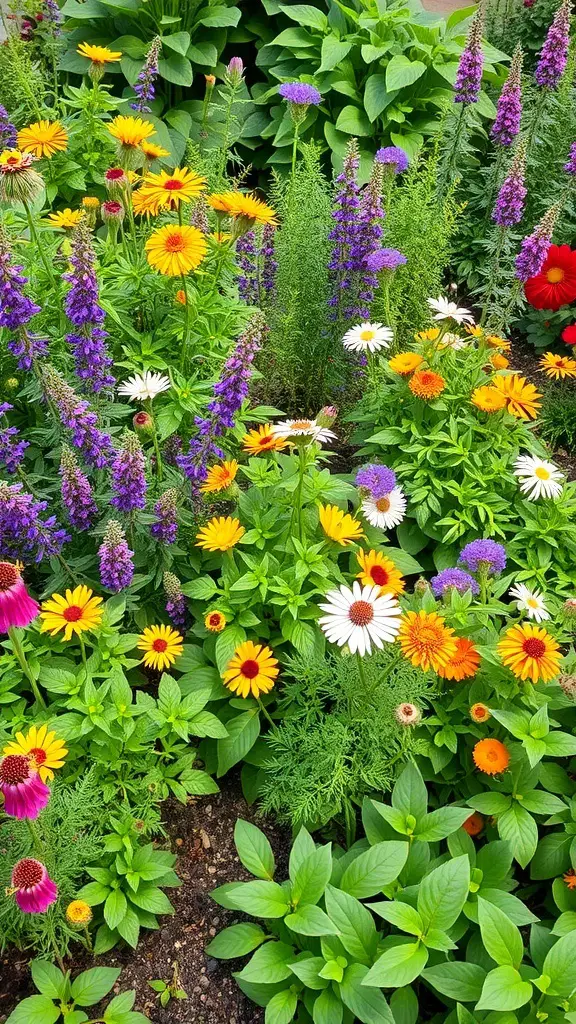 A vibrant herb garden with various colorful flowers and plants.