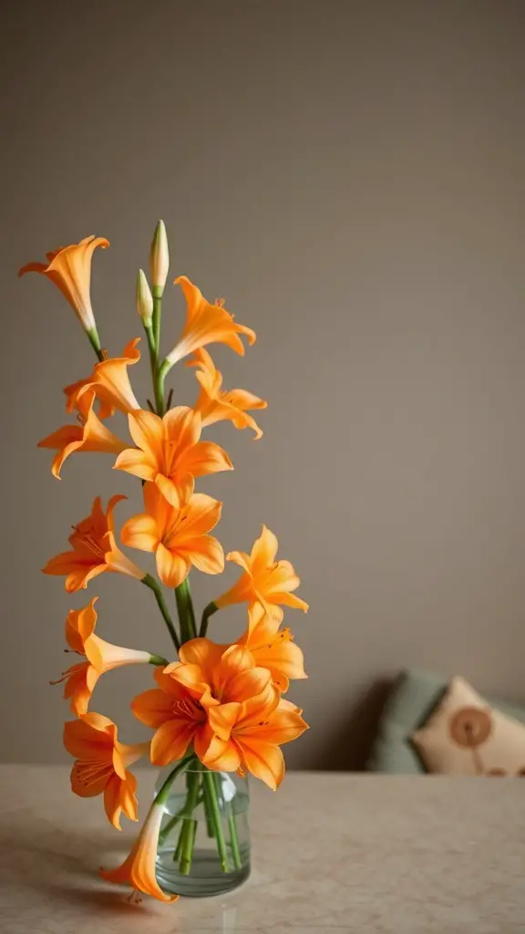 A bouquet of orange freesias in a glass vase on a table.