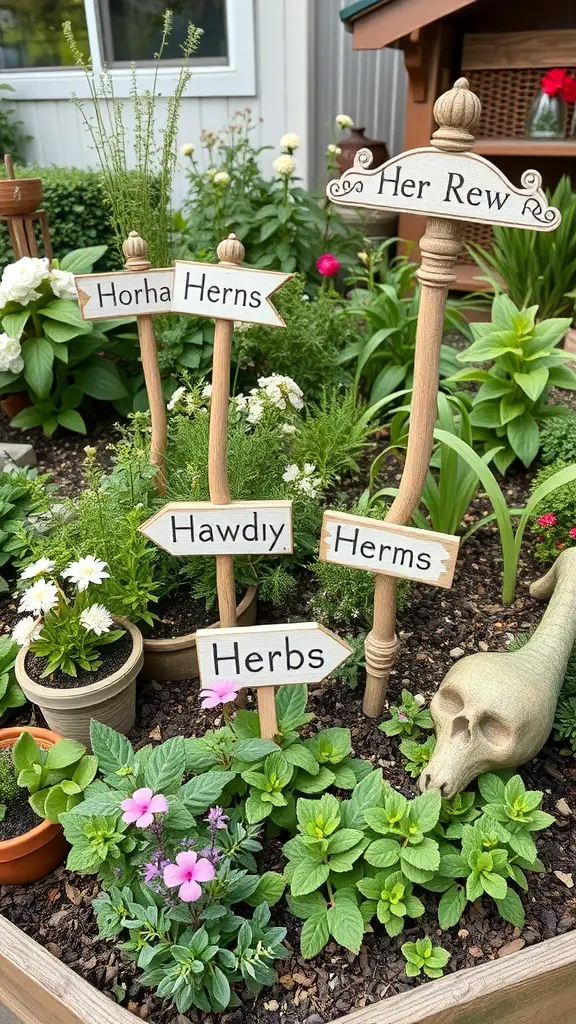 A charming herb garden featuring decorative signs and plants.