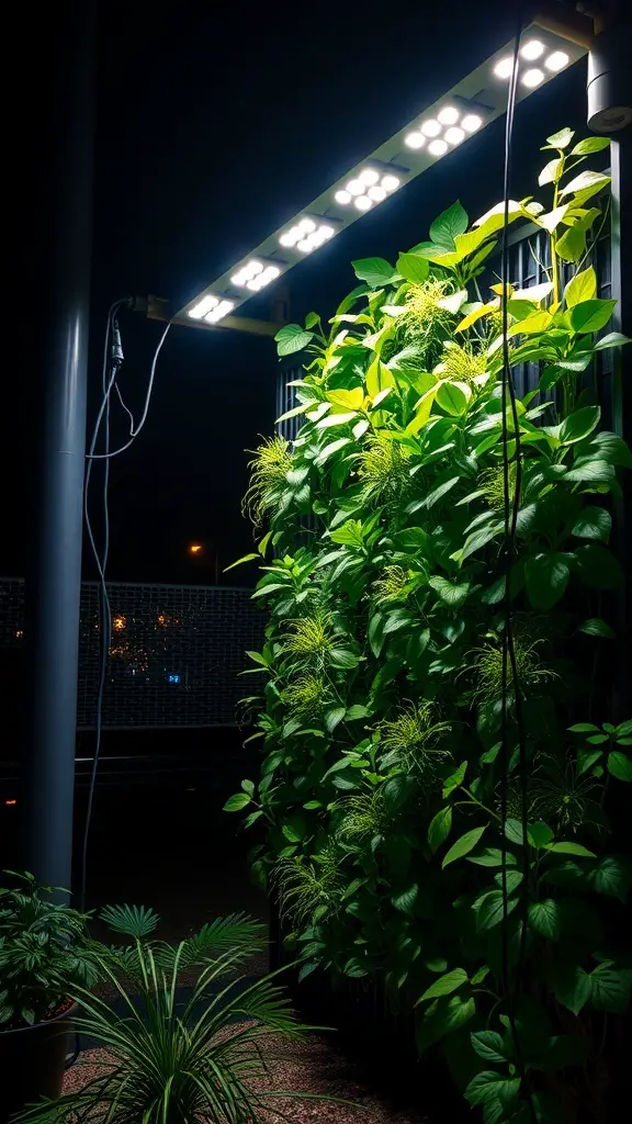A vertical garden illuminated by LED lights at night, showcasing vibrant green plants.