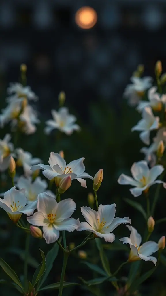 A close-up of white tuberose flowers in a garden at dusk.