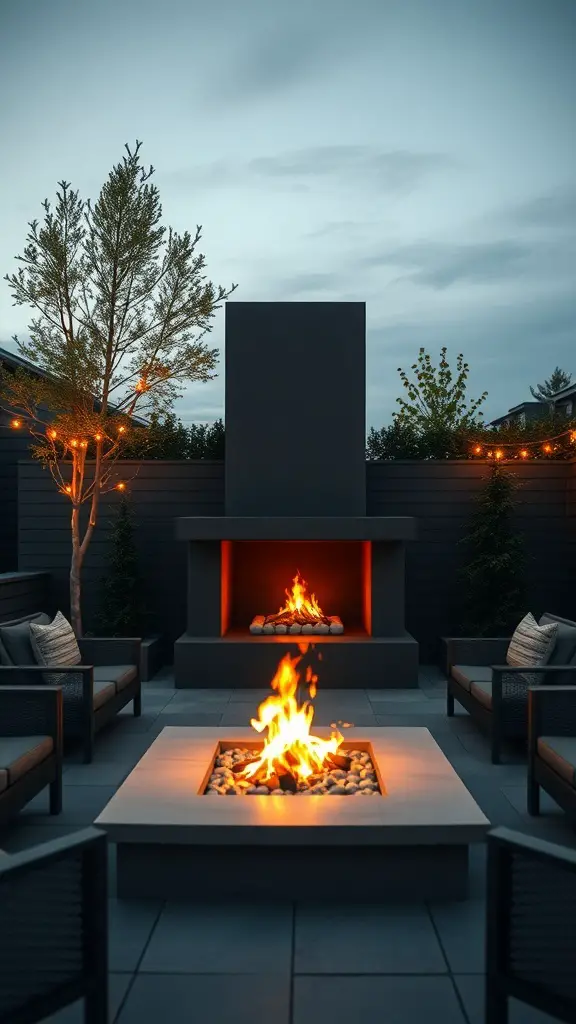 A modern outdoor space with a sleek fireplace and cozy seating, illuminated by string lights.