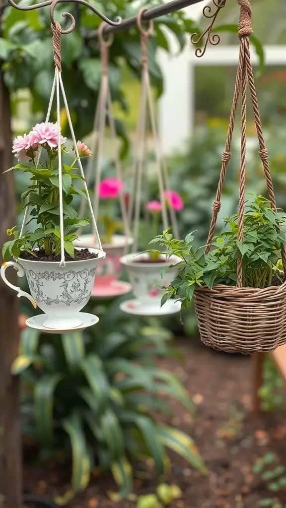 A display of hanging plants in vintage teacups and a woven basket.