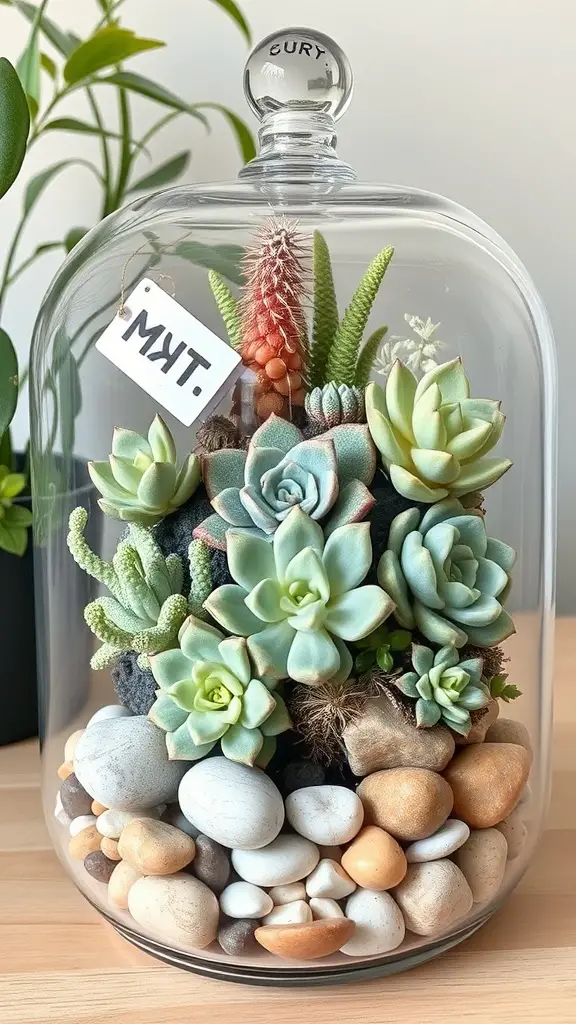 A layered succulent terrarium in a glass dome with various succulents and pebbles.