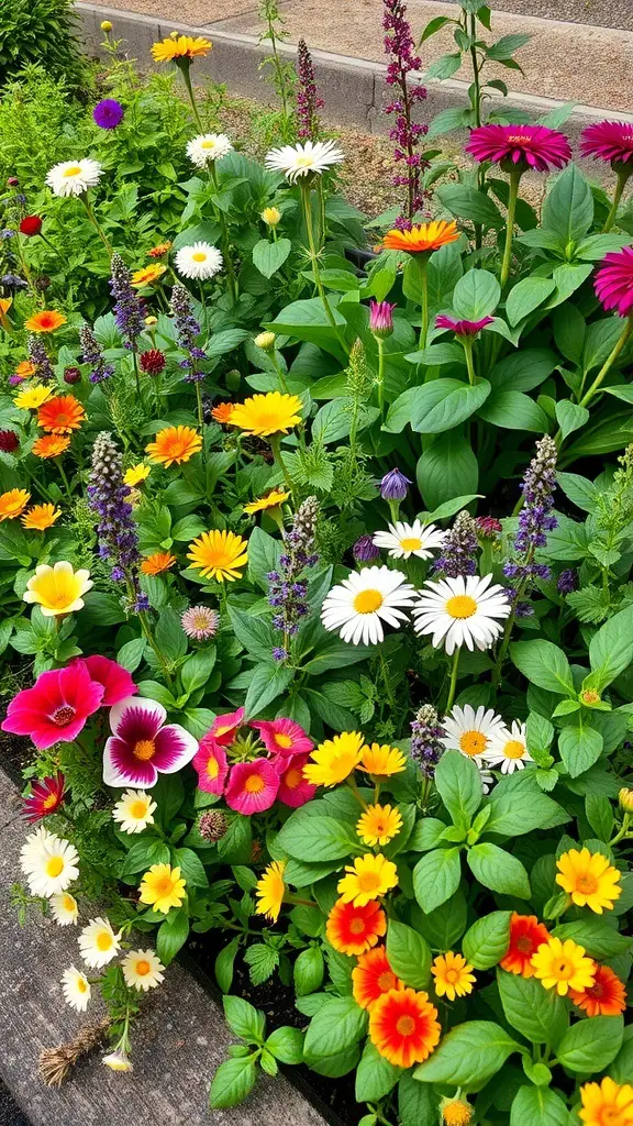 A vibrant herb garden featuring a variety of colorful edible flowers.