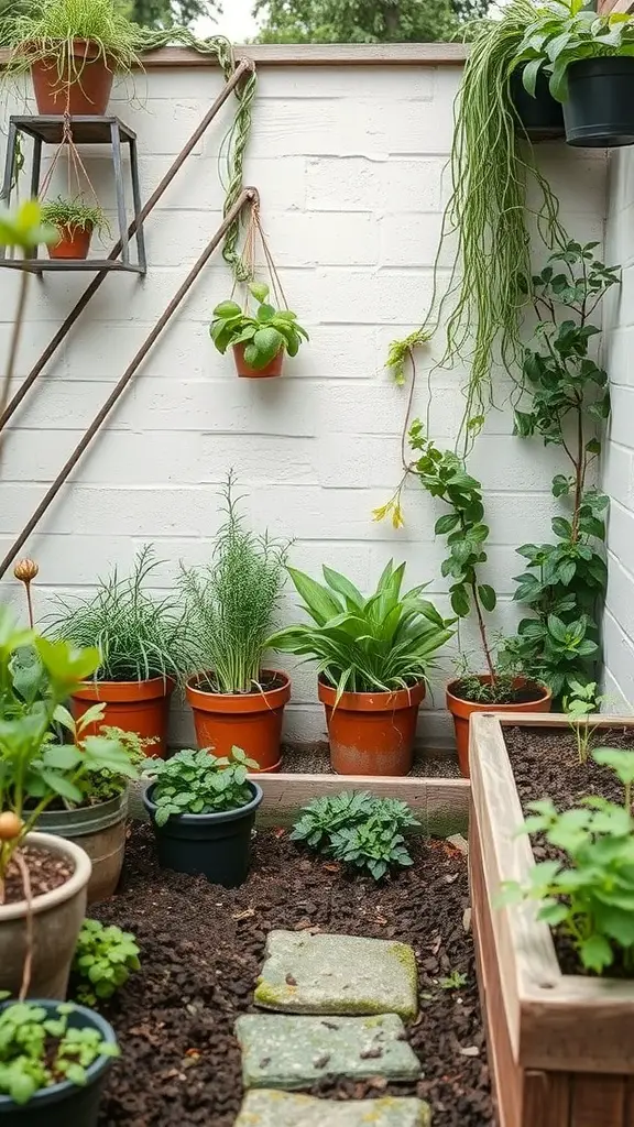 A small herb garden nook with various potted herbs and a stone pathway.