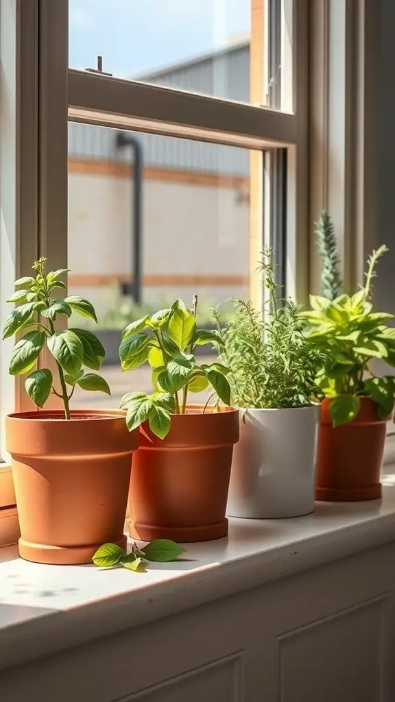 A sunny windowsill with several pots of green herbs, including terracotta and white pots.