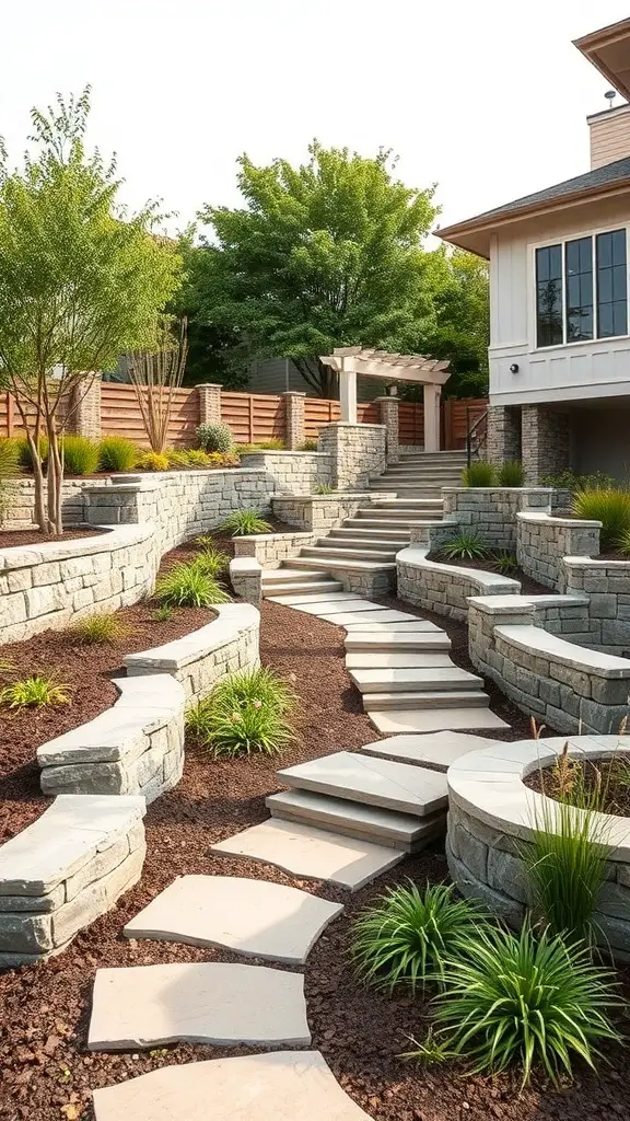 A landscaped front yard with stone pathways, retaining walls, and greenery.