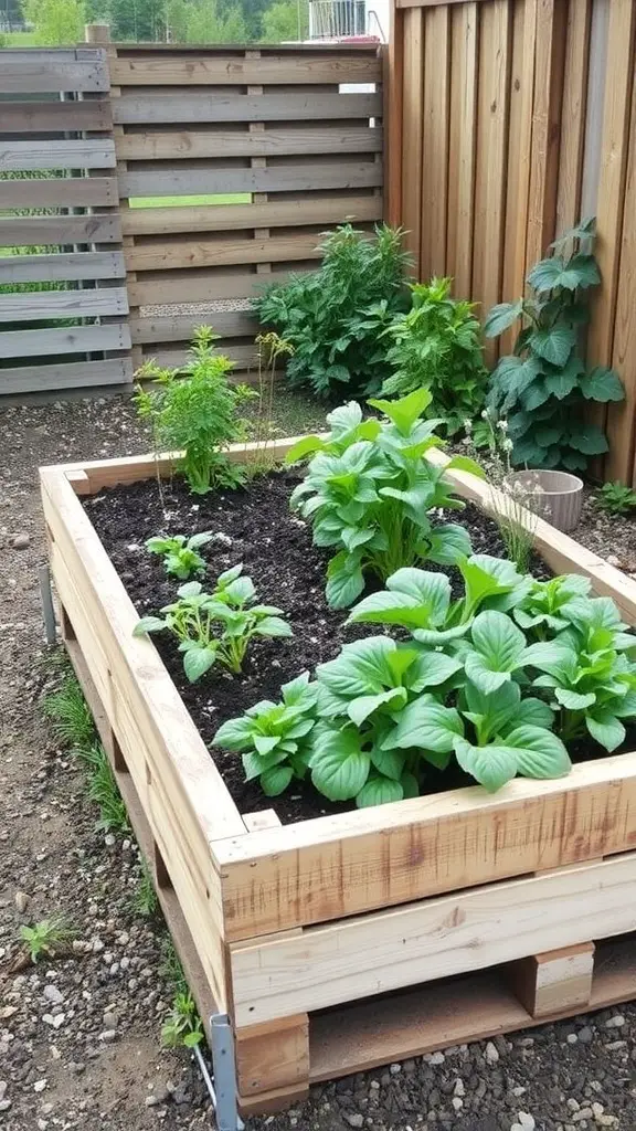 A raised garden bed made from recycled wood, filled with green plants and surrounded by gravel.