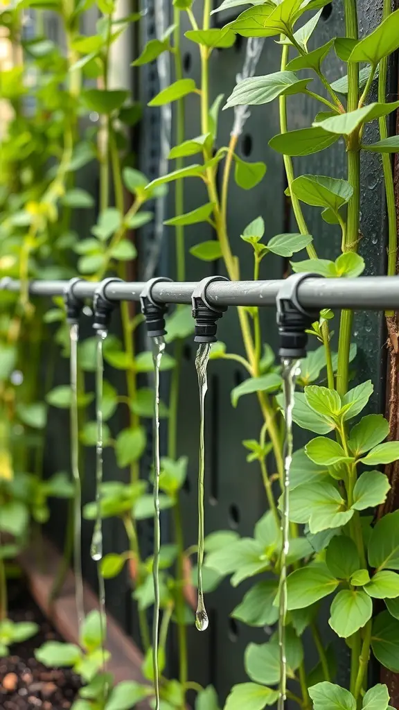 Drip irrigation system in a vertical garden with water dripping onto plants