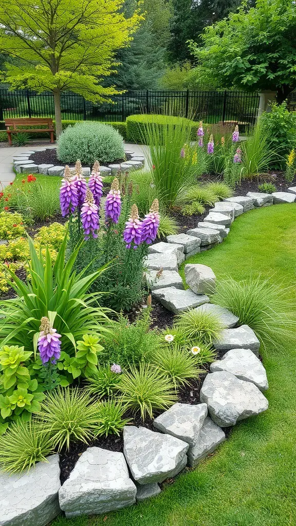 A garden with a natural stone border featuring colorful flowers and lush greenery.