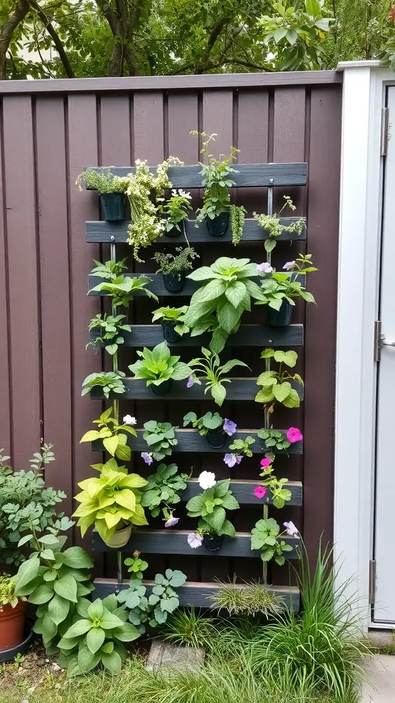 Vertical garden with various plants in pots mounted on a wall.