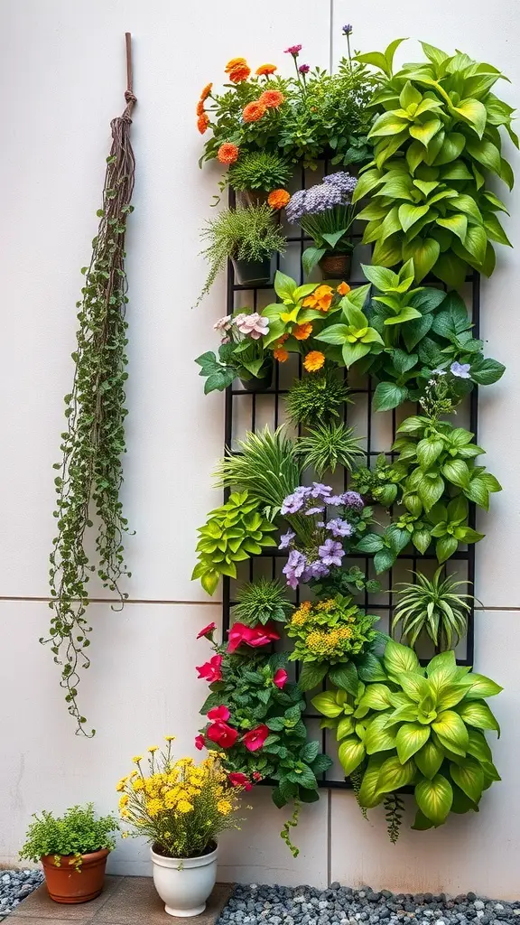 A vibrant vertical garden with various plants displayed on a wall, alongside a couple of potted plants on the ground.