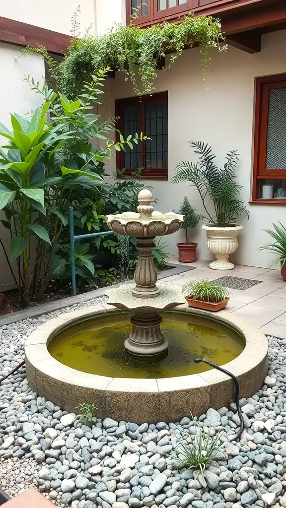 A small courtyard garden featuring a fountain surrounded by greenery and stones.