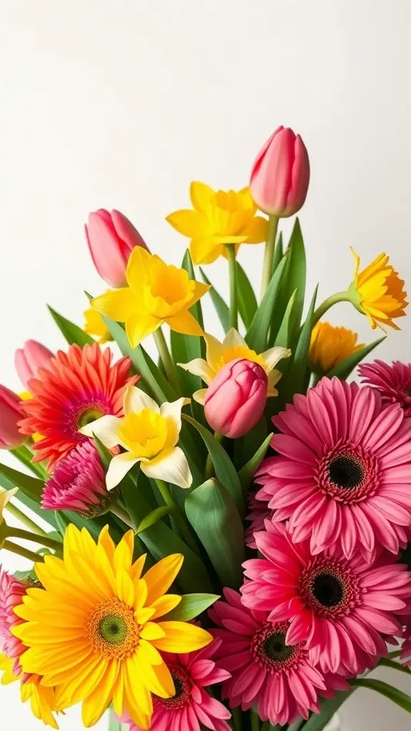 A vibrant bouquet featuring pink tulips, yellow daffodils, and pink gerbera daisies.