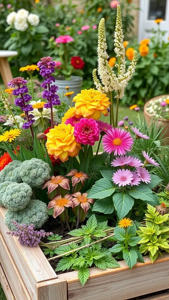 A colorful flower box filled with a mix of annuals and perennials, showcasing vibrant blooms and lush greenery.
