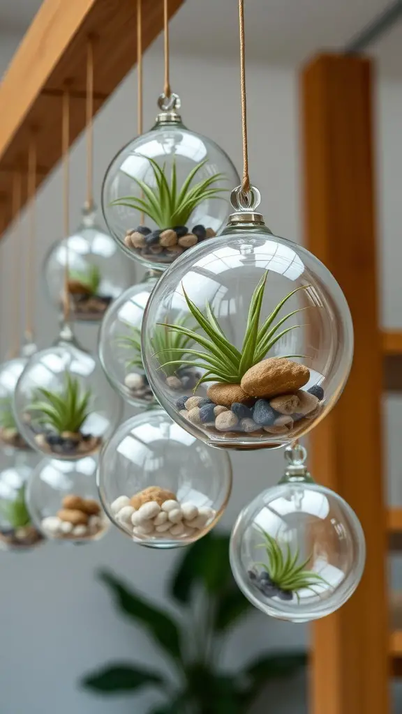 A collection of hanging glass orb terrariums with plants and decorative stones.