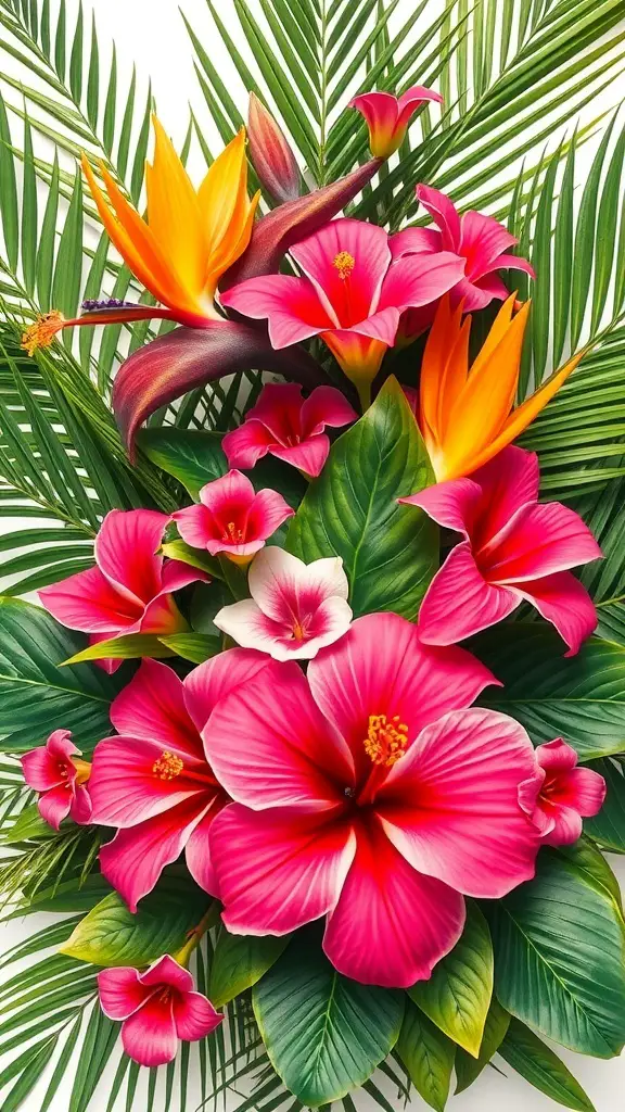 A vibrant bouquet of tropical flowers featuring hibiscus and bird of paradise among lush green leaves.