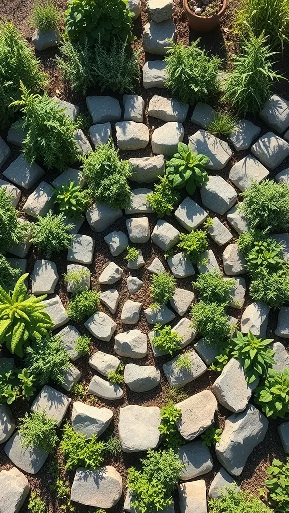 Aerial view of a herb spiral garden with various herbs growing among stones.