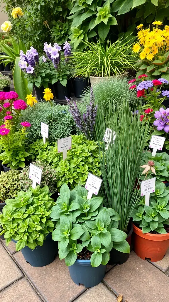 A variety of colorful plants in pots, including flowers and herbs, arranged in a garden setting.