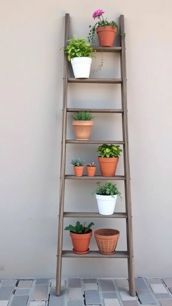A rustic ladder plant stand with various potted plants arranged on its shelves.