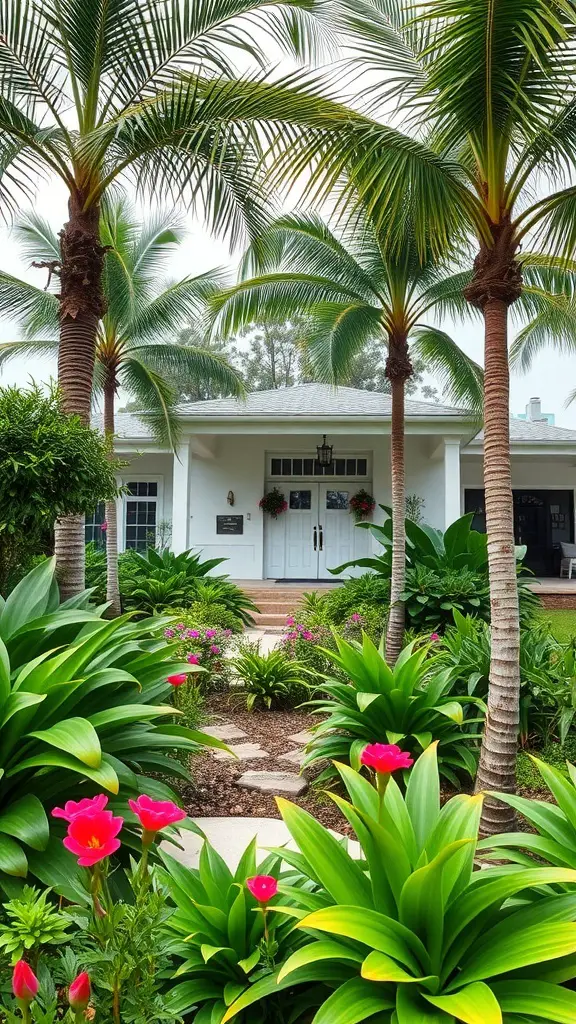 A front garden featuring tall palm trees, lush green plants, and bright pink flowers leading to a white house.