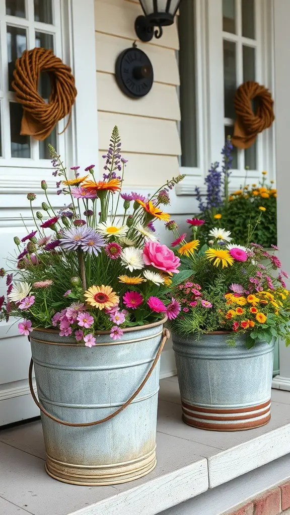 Two metal bucket planters filled with colorful flowers on a porch