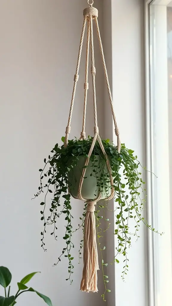 A hanging macrame plant stand with a green pot and trailing vines.