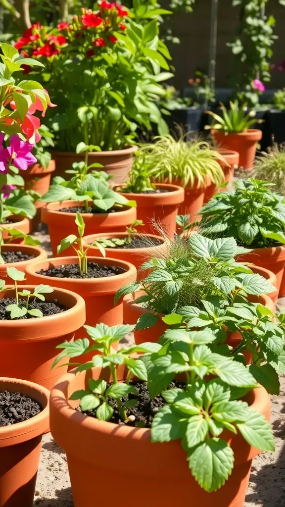 A collection of terracotta pots filled with various plants, showcasing their earthy tones and vibrant greenery.