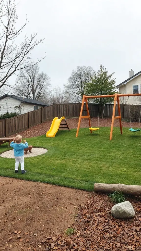 A sloped yard play area featuring a yellow slide, swing set, and a child exploring the space.