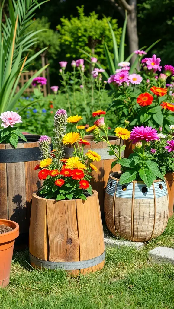 A collection of rustic wooden planters filled with colorful flowers in a garden setting.