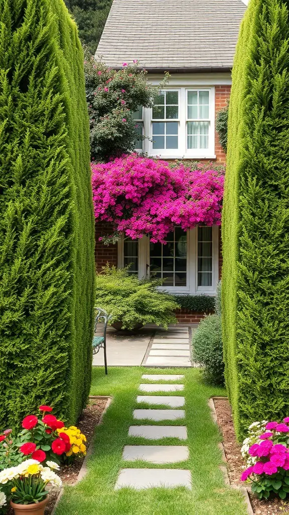 A front garden with tall hedges framing a stone pathway, colorful flowers on either side, and a house in the background.
