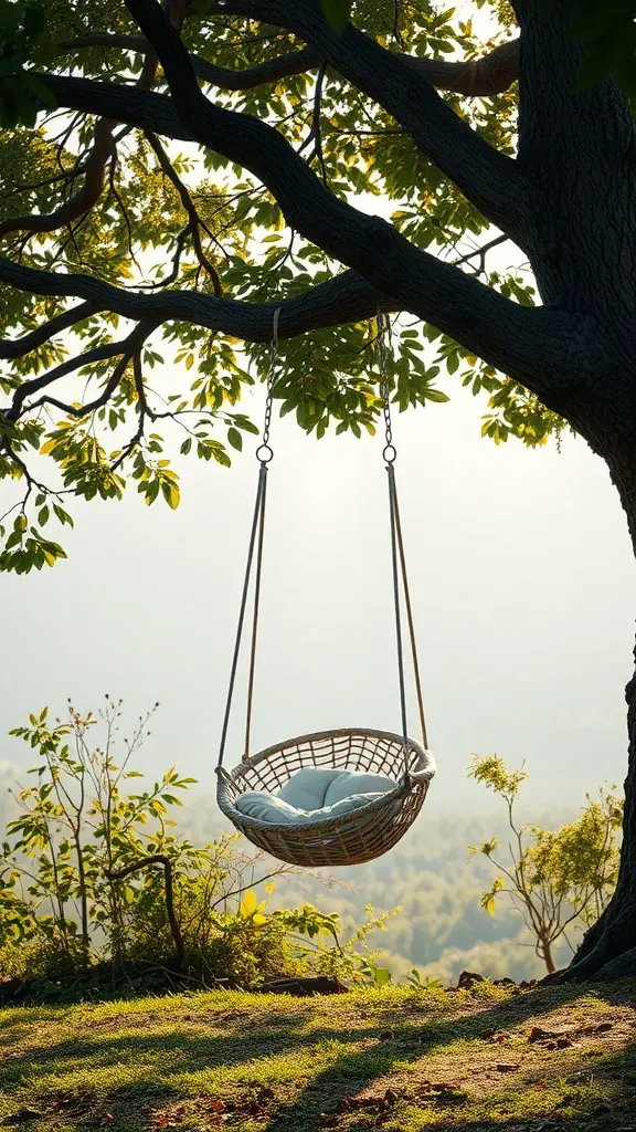 A unique hanging chair suspended from a tree, surrounded by greenery.