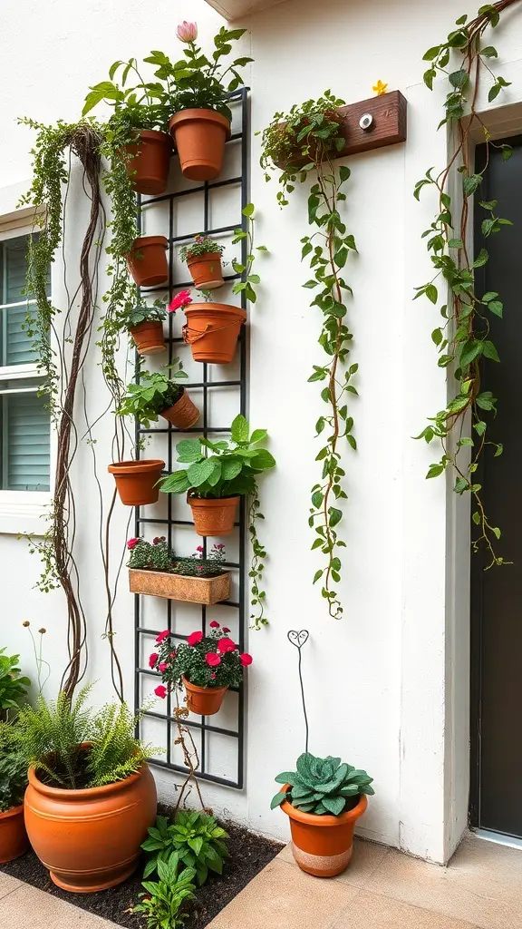 A vertical garden with various potted plants arranged on a wall-mounted grid, featuring terracotta pots and cascading vines.