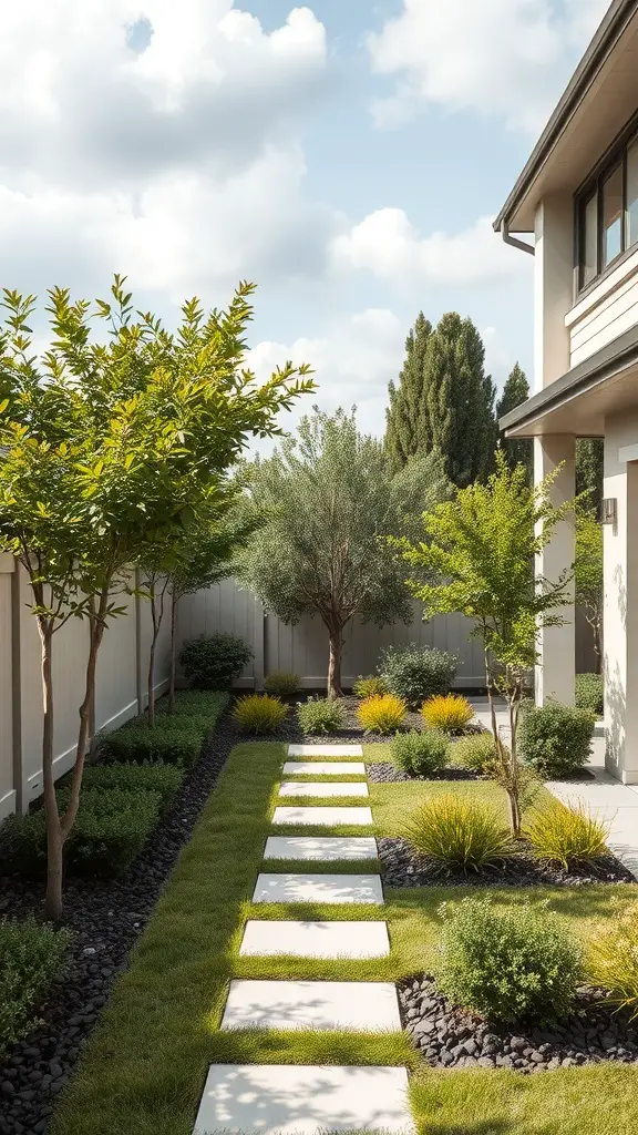 A modern backyard with a stone pathway, greenery, and trees for privacy.